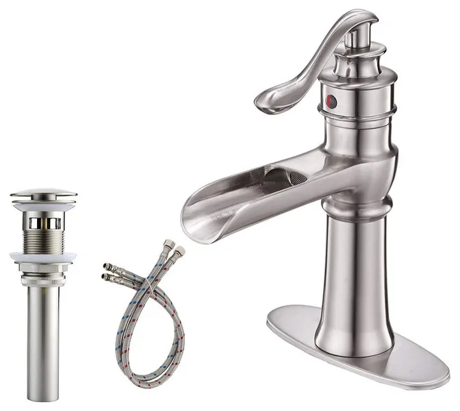 Waterfall Spout Bathroom Sink Faucet with Pop-up Drain, Brushed Nickel