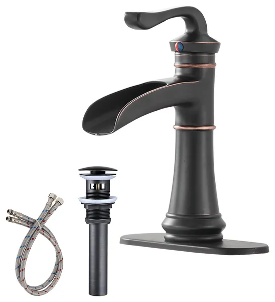 Waterfall Spout Bathroom Sink Faucet with Pop-up Drain, Oil Rubbed Bronze
