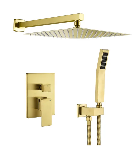 Wellfor Shower Faucet with Rain Shower Head, Handheld Shower and Valve, Brushed Gold, 12" Shower Head