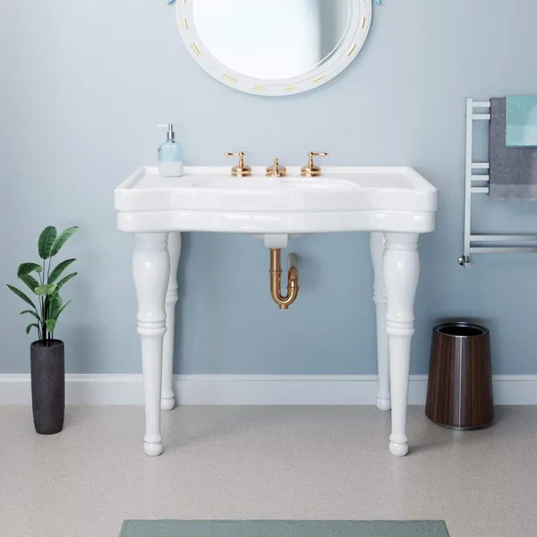 White Console Sink Belle Epoque with Spindle Legs and Widespread Faucet Holes