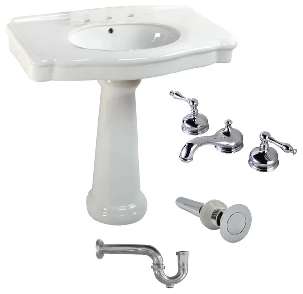 White Pedestal Sink with 8" Widespread Faucet, Overflow and P-Trap