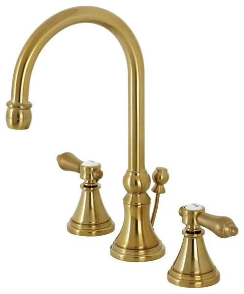 Widespread Bathroom Faucet with High Gooseneck Spout and Dual Lever Handles, Brushed Brass