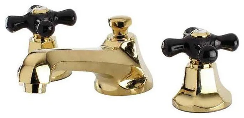 Widespread Lavatory Faucet, Black Porcelain Cross Handle, Polished Brass